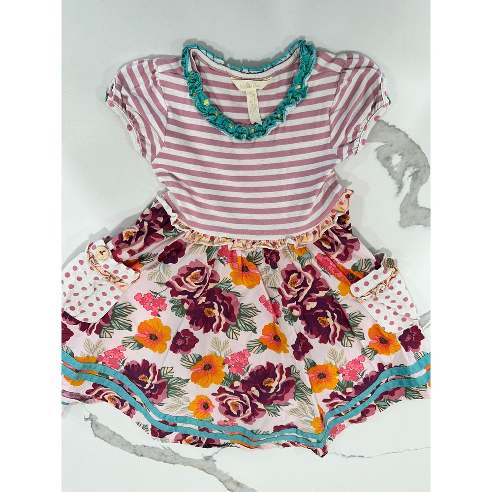 Matilda Jane Girls Floral Striped Dress Pink Teal Ruffle Mixed‎ Media Size 4